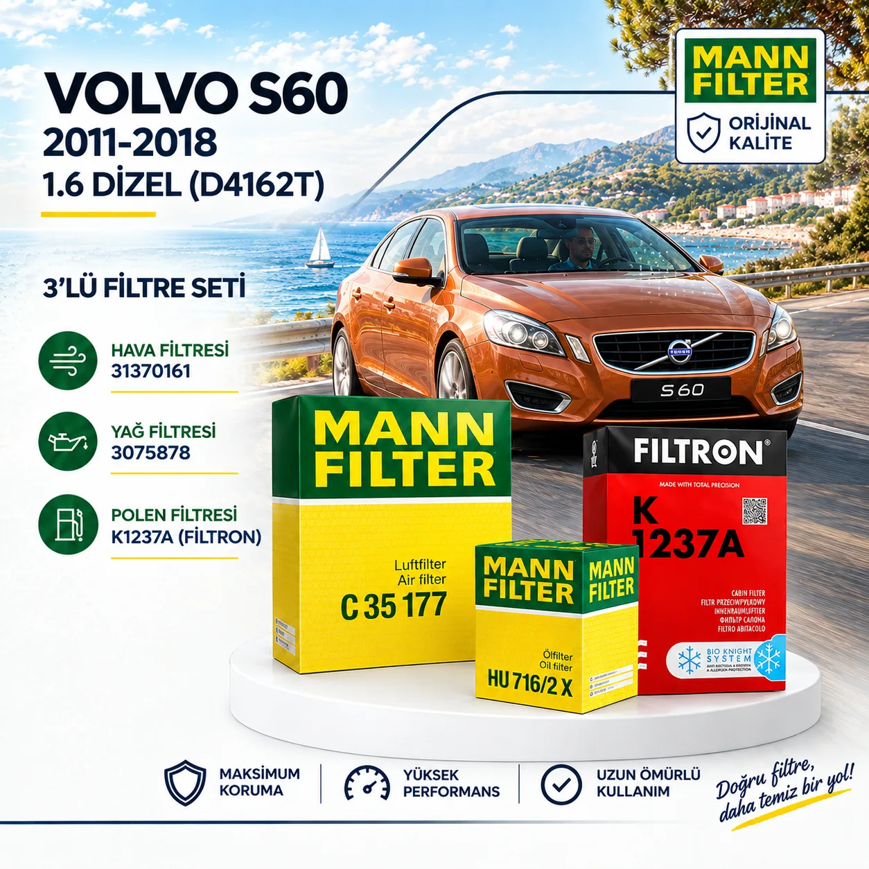 VOLVO S60 Filtre Bakım Seti  / 1.6 Dizel  (D4162T)  -3LÜ-