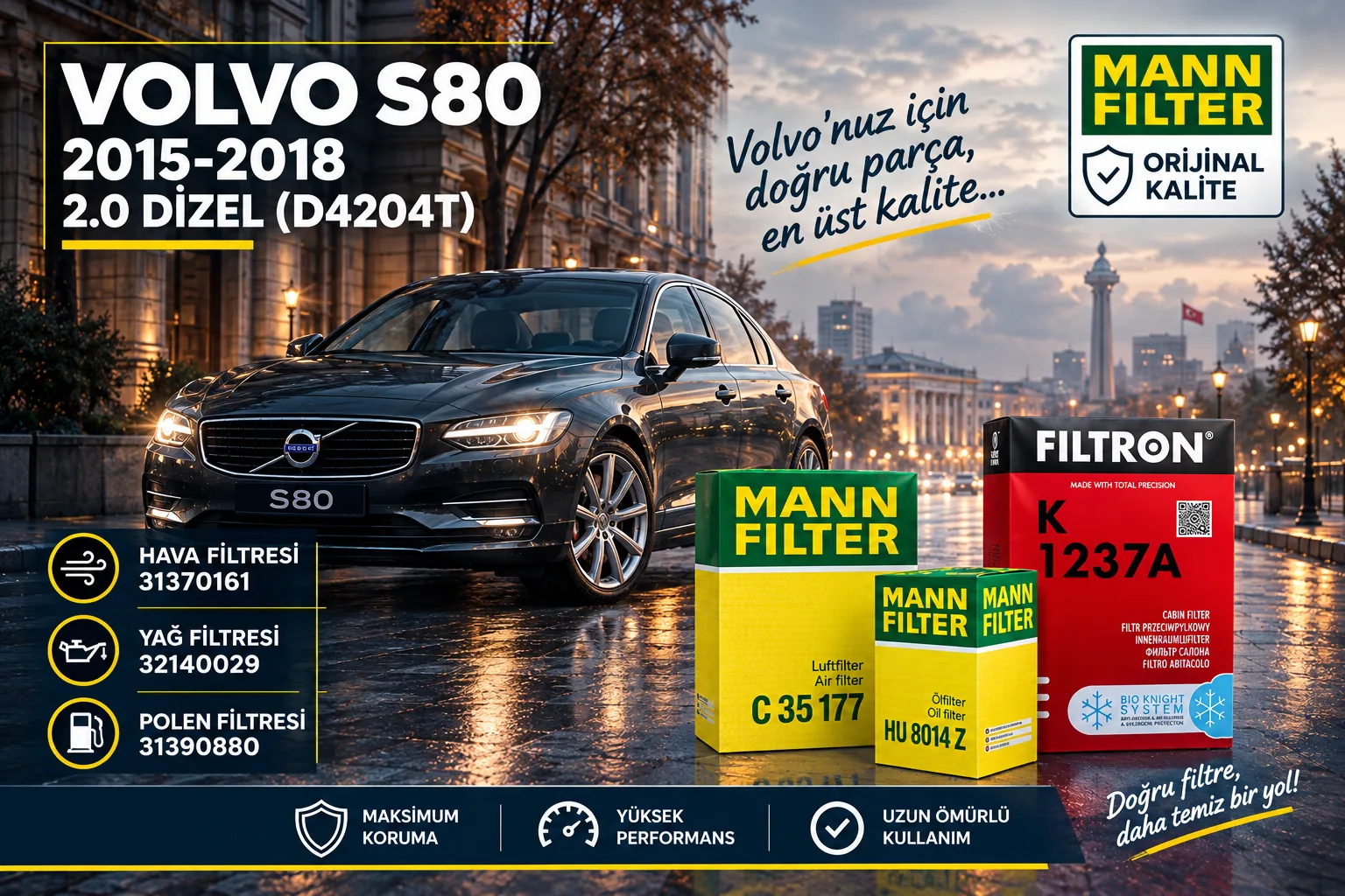 VOLVO S80 Filtre Bakım Seti  / 2.0 Dizel (D4204T)  -3LÜ-