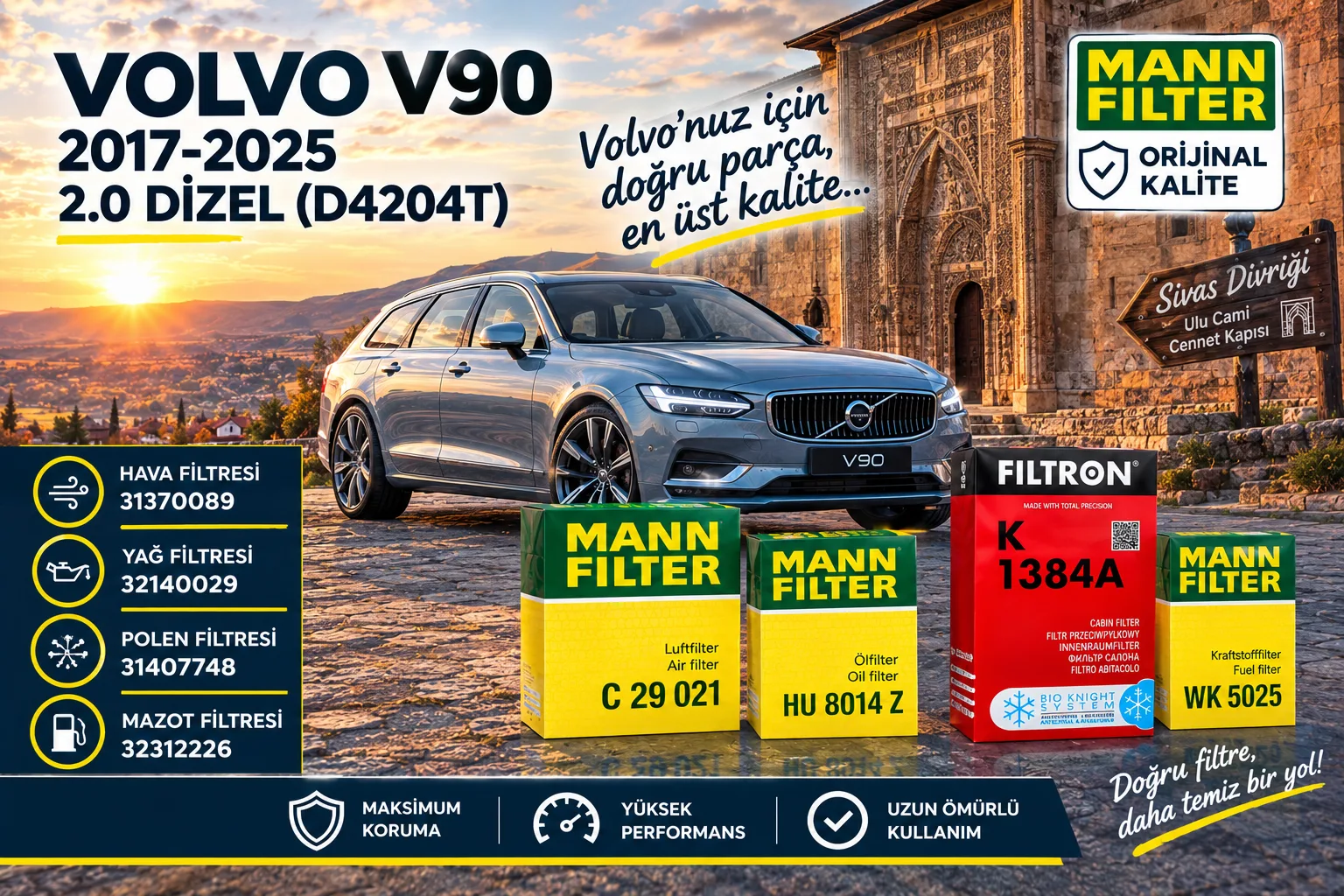 VOLVO V90 Filtre Bakım Seti  / 2.0 Dizel (D4204T)  -4LÜ-