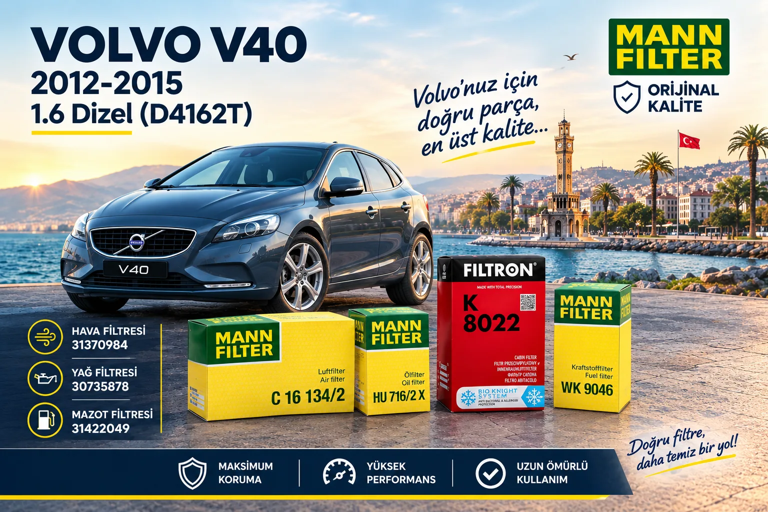 VOLVO V40 Filtre Bakım Seti  / 1.6 Dizel (D4162T)  -4LÜ-