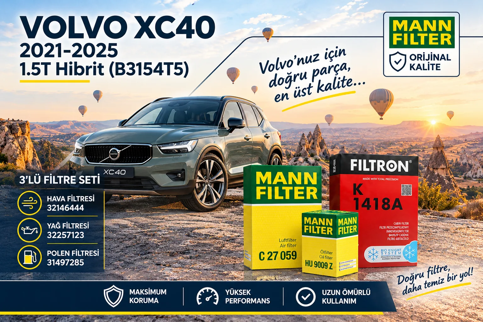 VOLVO Xc40 Filtre Bakım Seti  / 1.5T  Recharge Hybrit (B3154T5)  -3LÜ-