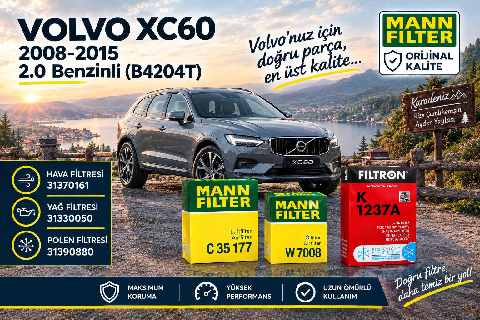 VOLVO Xc60  Filtre Bakım Seti  / 2.0 Benzinli  (B4204T)  -3LÜ-