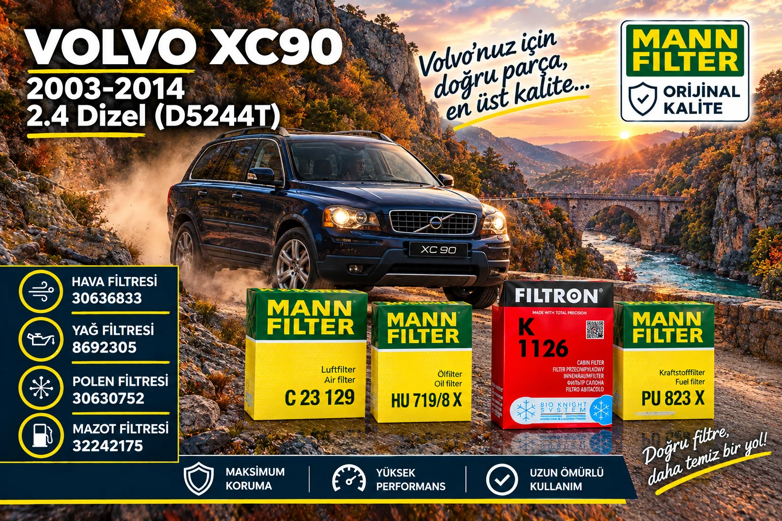 VOLVO Xc90 Filtre Bakım Seti  / 2.4 Dizel (D5244T)  -4LÜ-