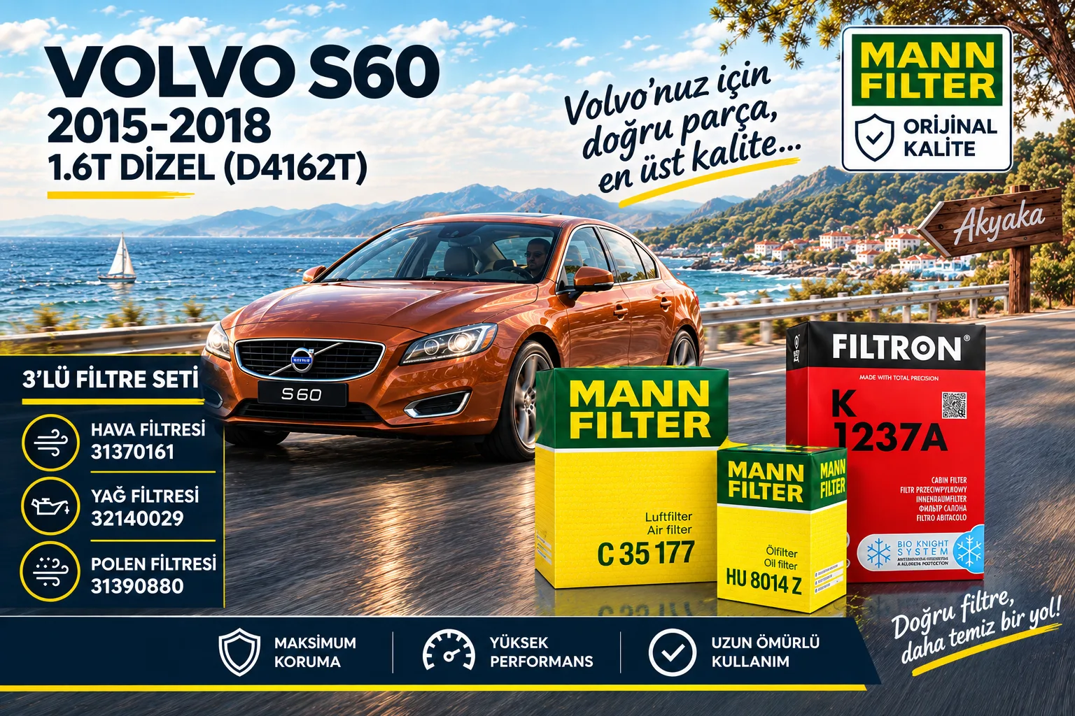 VOLVO S60 Filtre Bakım Seti  /  1.5T  Benzinli (B4154T)  -3LÜ-
