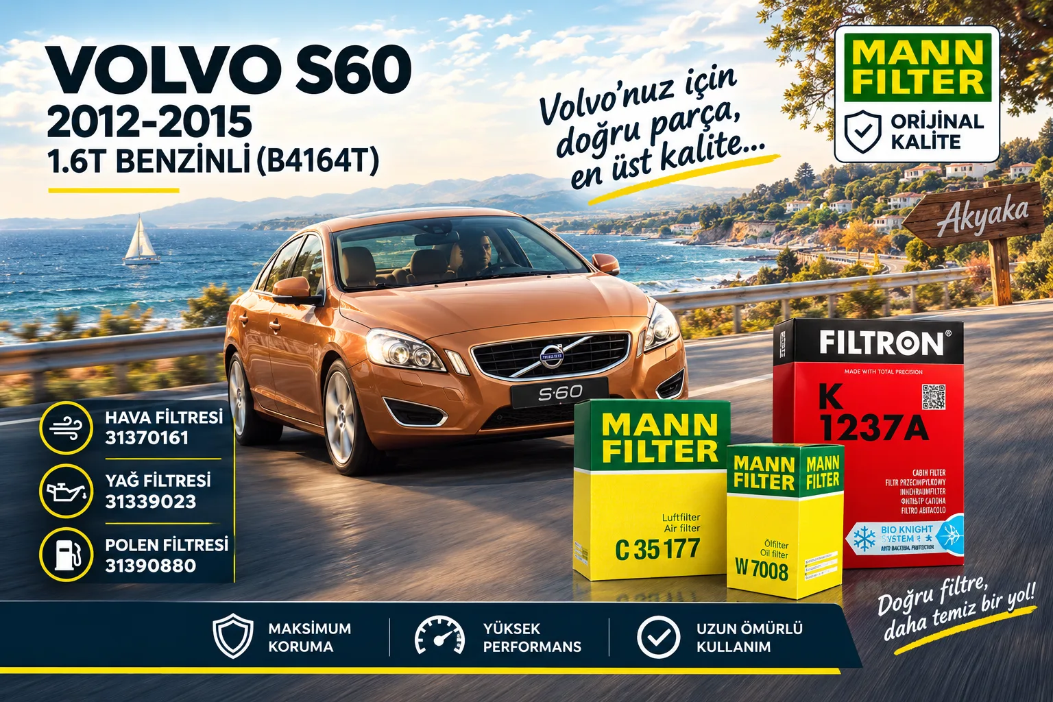 VOLVO S60 Filtre Bakım Seti  / 1.6T Benzinli (B4164T)  -3LÜ-