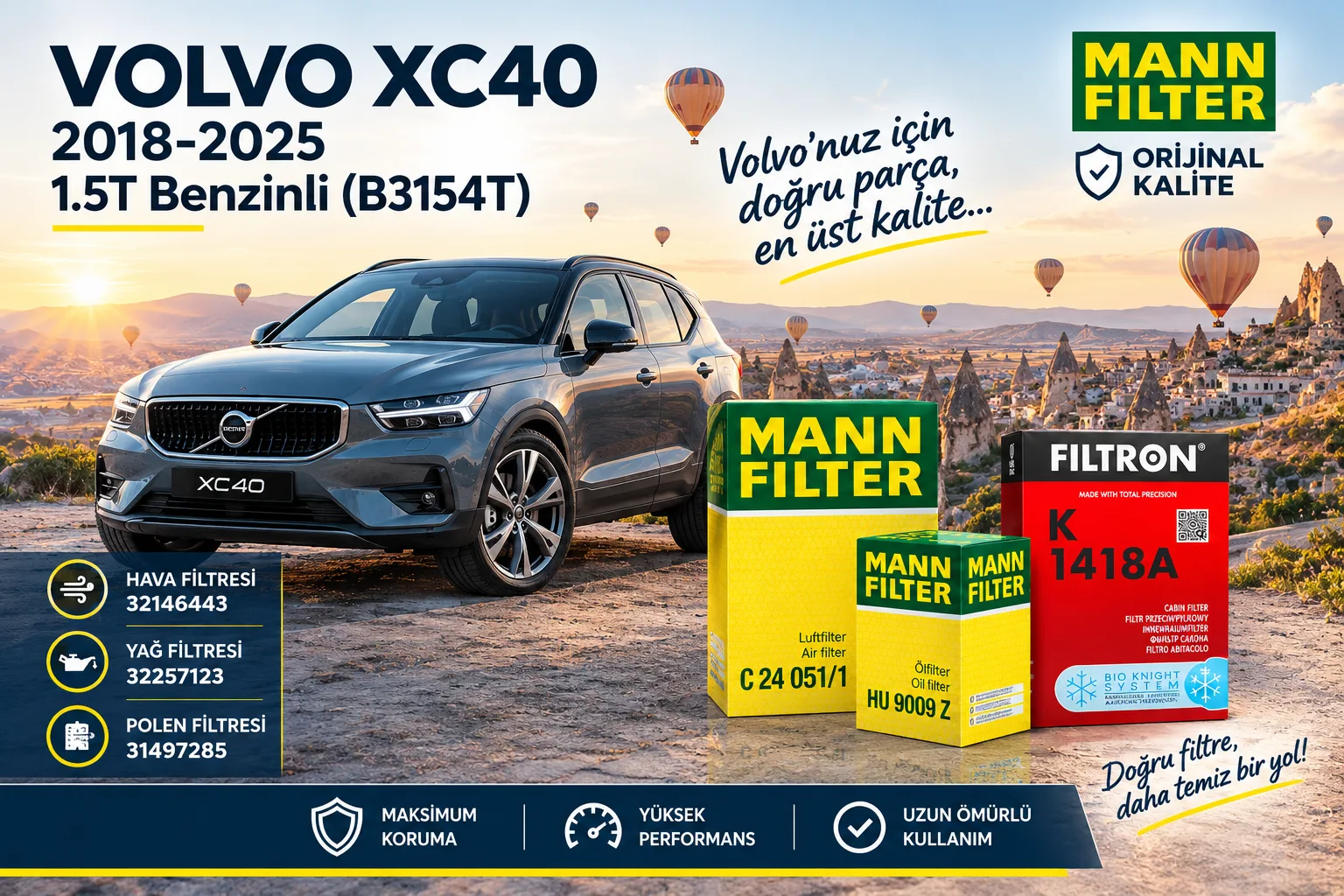 VOLVO Xc40 Filtre Bakım Seti  / 1.5T Benzinli (B3154T)  -3LÜ-